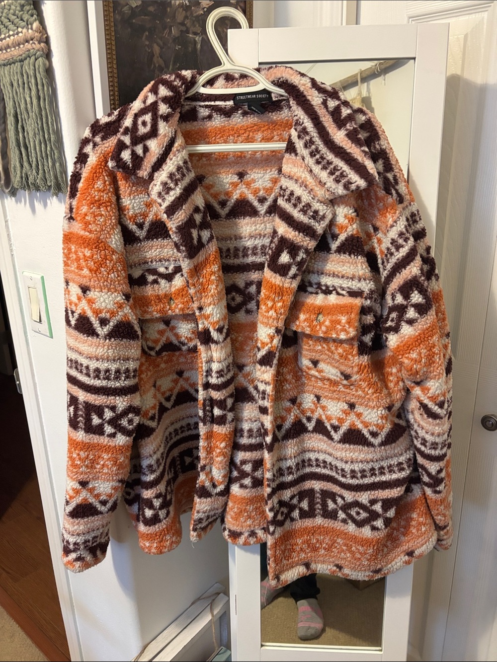 Streetwear Society Orange, Brown & Cream Geometric Sherpa Jacket